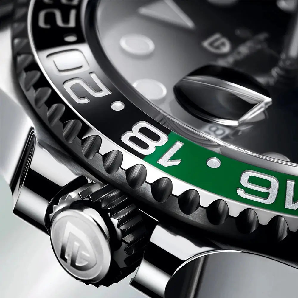 PAGANI DESIGN 40mm GMT stainless steel wristwatch with green and black bezel and textured crown