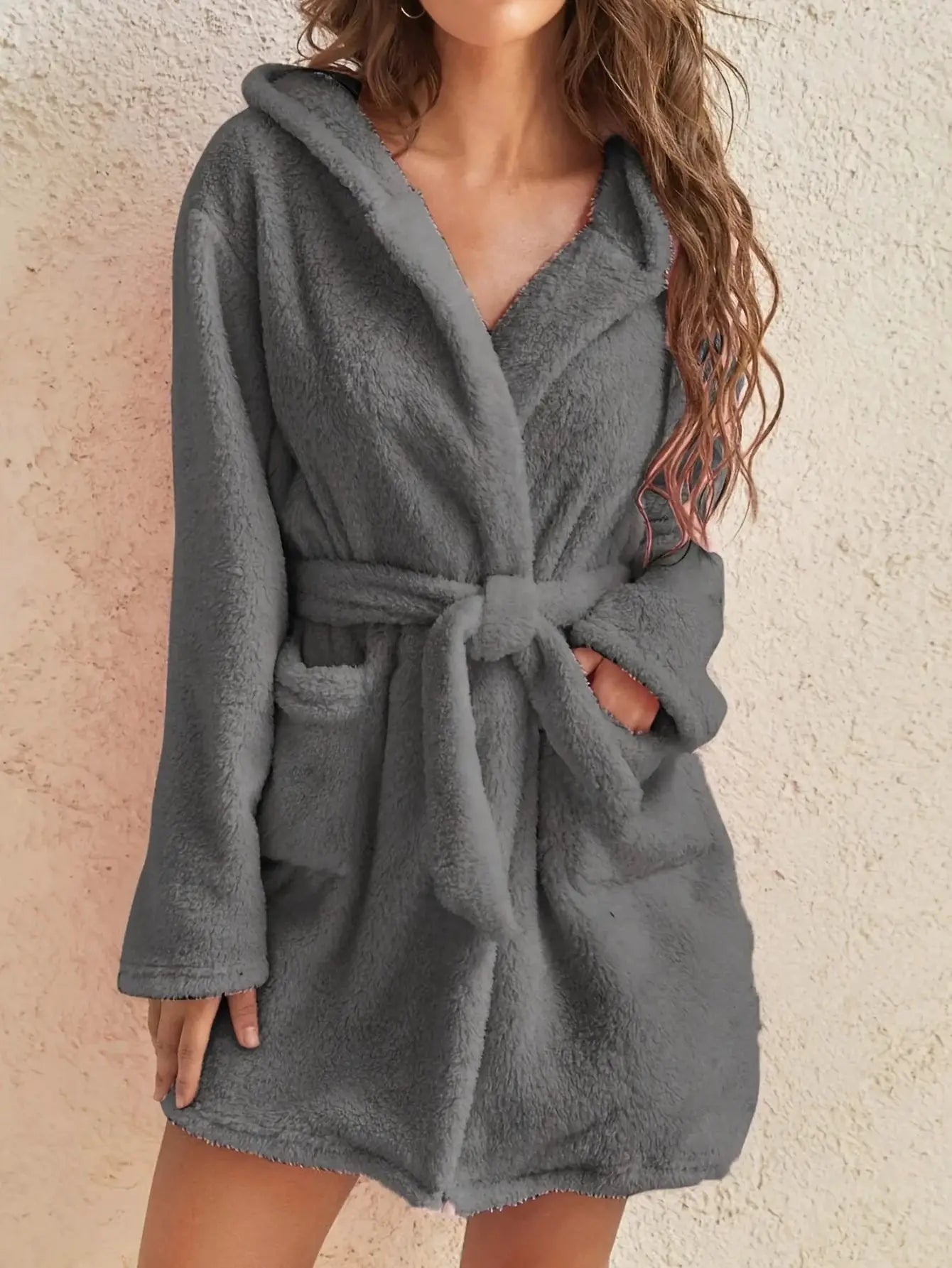 CozyNest Womens Hooded Fleece Robe Belted Knee Length For Autumn And Winter Warmth And Comfort