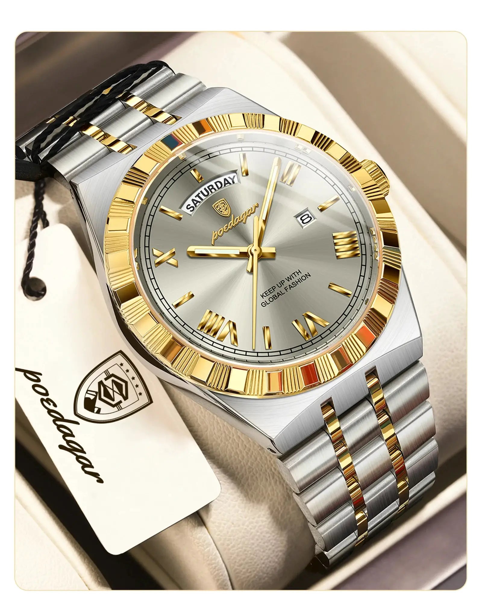 POEDAGAR two-tone stainless steel men's watch with gold bezel and day-date display