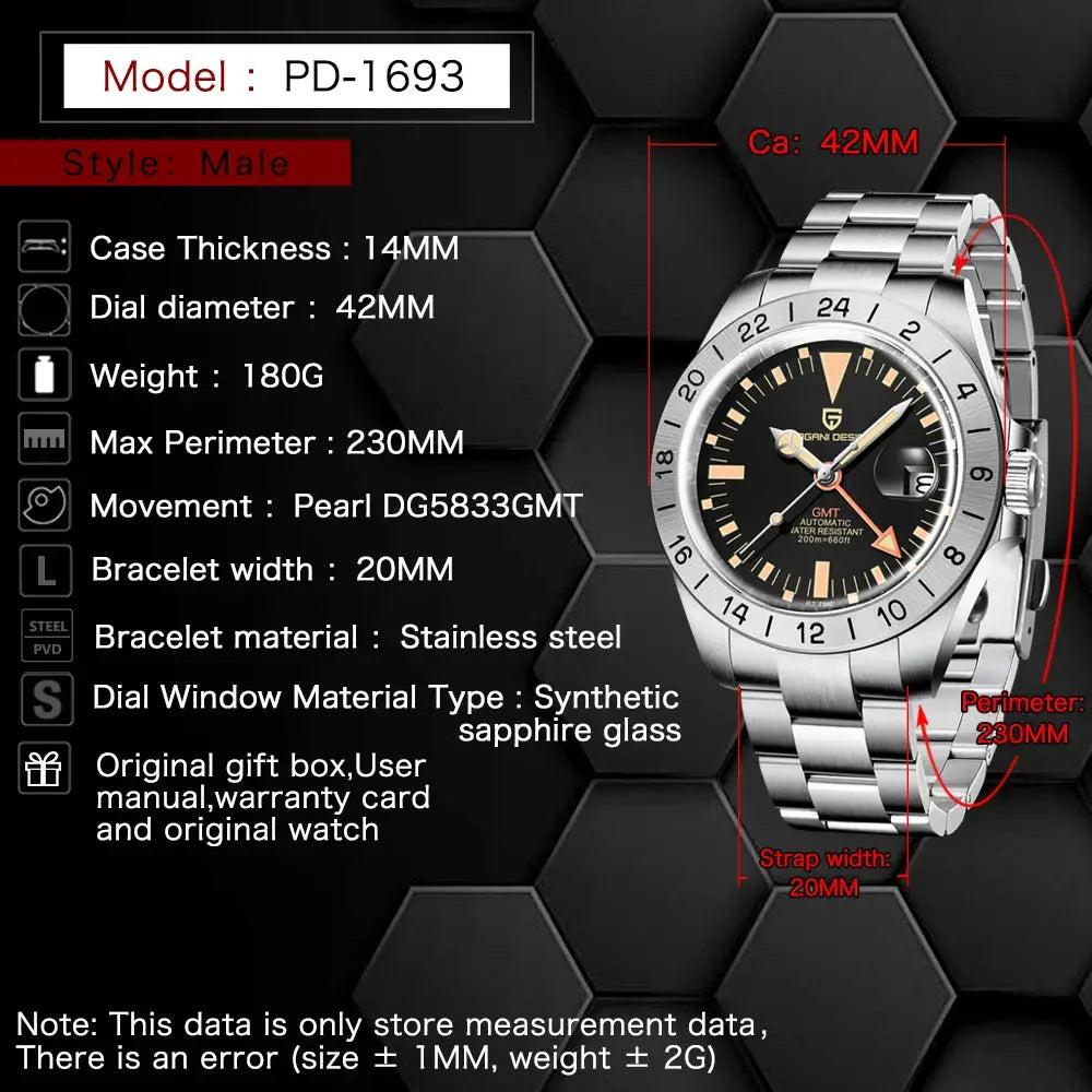 Pagani Design PD-1693 GMT men's stainless steel watch, automatic movement, 42mm dial, 200m water resistant.