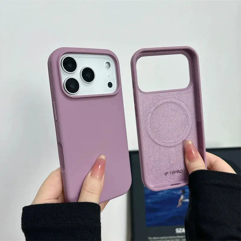 Magnetic liquid silicone iPhone case in purple for MagSafe; two cases shown.