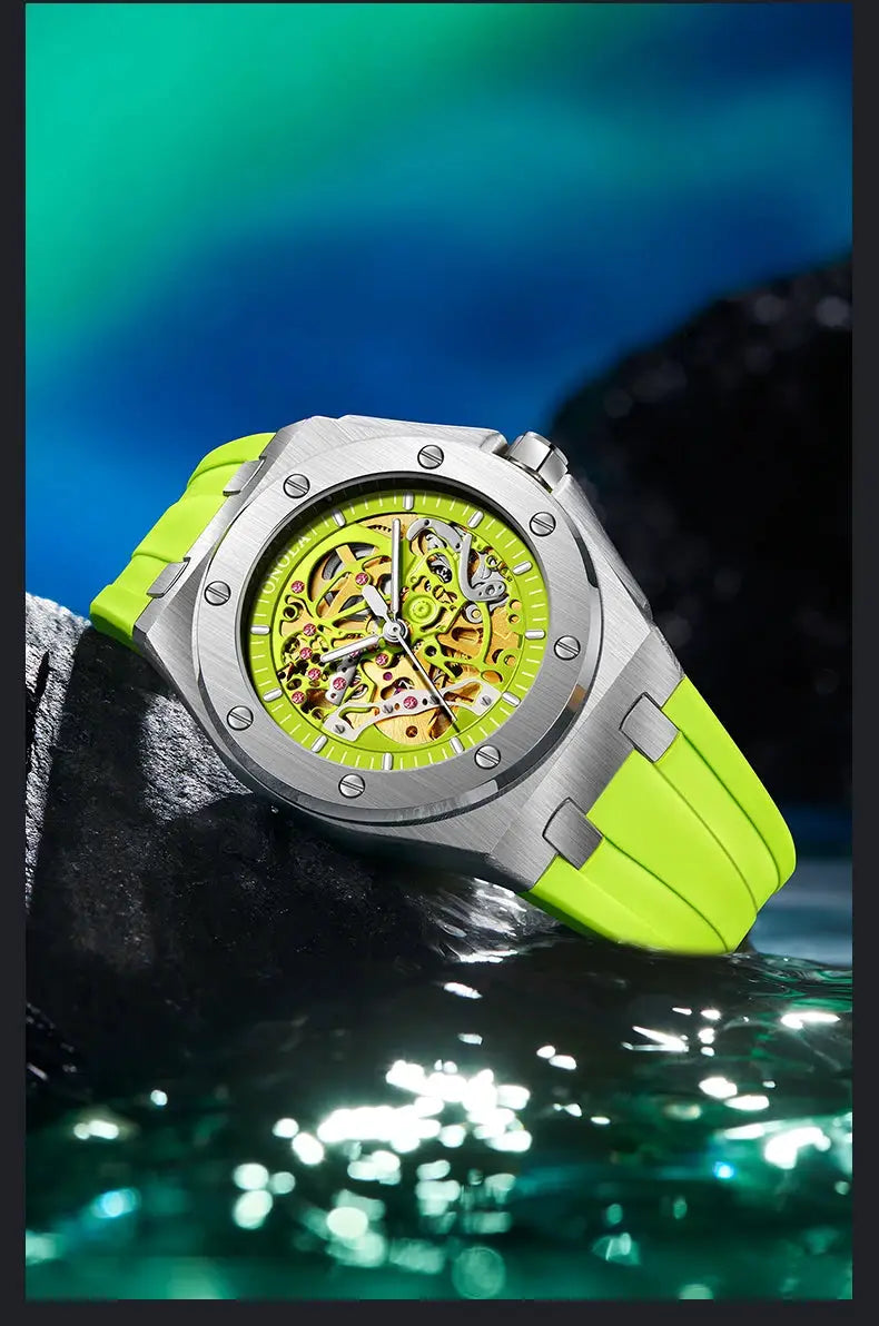ONOLA skeleton watch with lime-green dial and neon-green strap, stainless steel case with visible gears