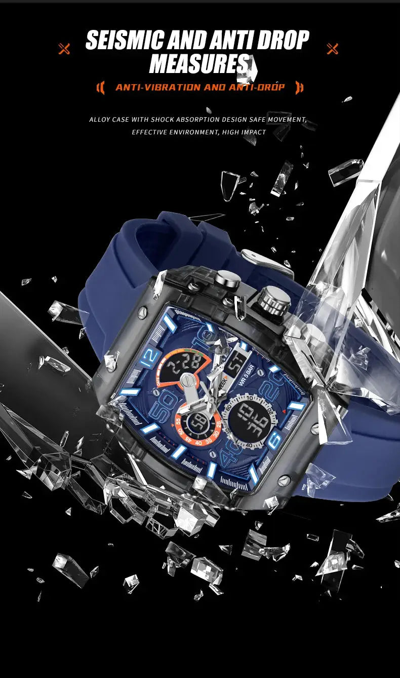 SMAEL 8109 men's square dual-display sport watch with blue silicone strap and luminous dial