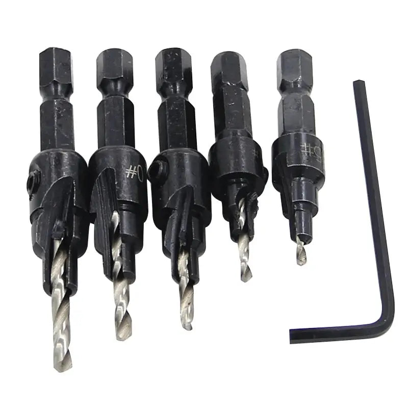 5pc Hexagon Screw Hole Opener Set With Countersink Drill Bit Taper for Woodworking and DIY Projects