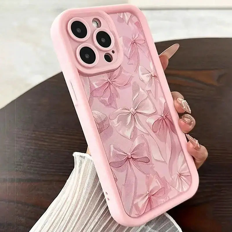 Pink Bow Silicone Case With Butterfly Charm For iPhone 7 Through 16 Pro Max Anti Fingerprint Scratch Resistant