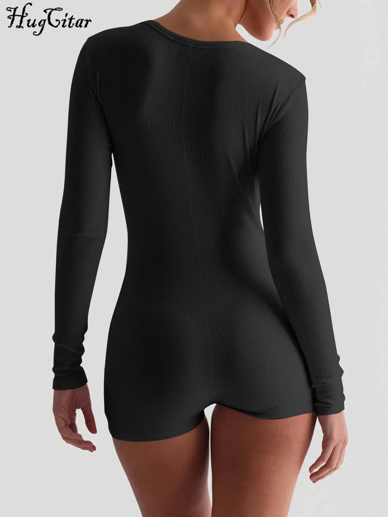 HugGitar ribbed black long-sleeve playsuit back view, form-fitting bodycon romper
