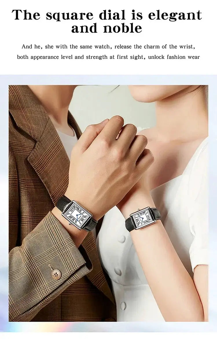 SANDA 9031/1108 luxury couple watches with black leather straps and silver square dials, set of two
