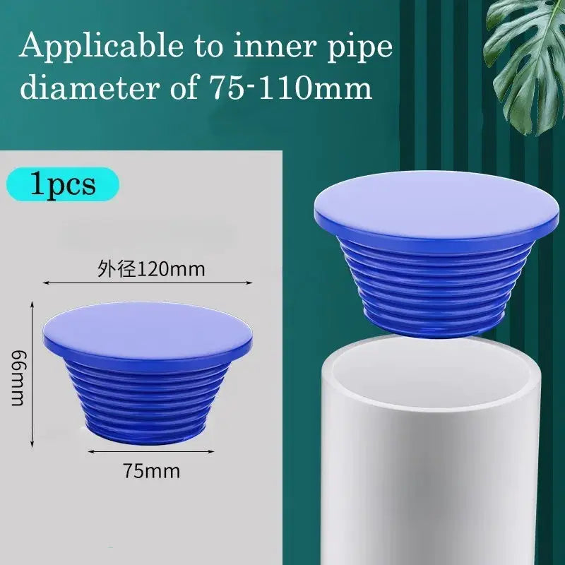 Blue silicone sewer pipe seal plug for 75–110mm inner diameter; outer diameter 120mm.