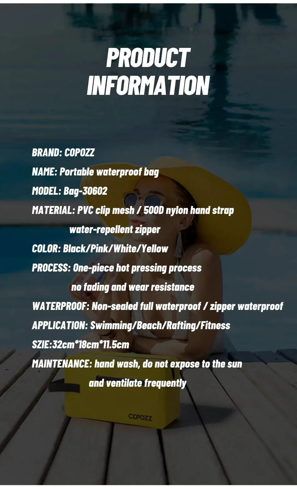 COPOZZ yellow portable gym bag on a wooden deck by the pool; outdoor sport bag