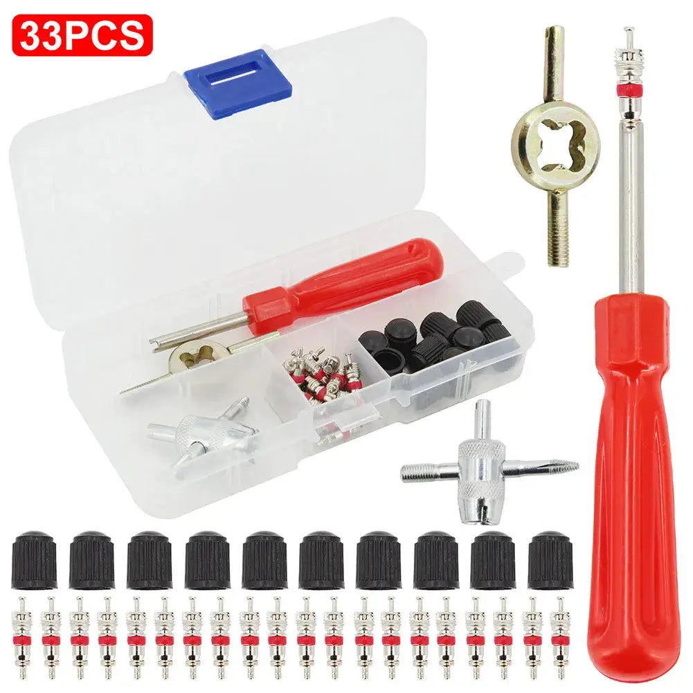 Tire valve core remover toolkit by Simples Market, 33pcs with red-handled screwdriver and assorted cores and caps