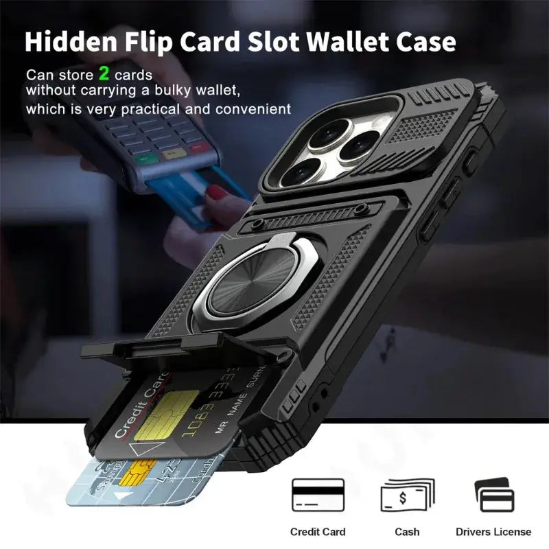 ShieldTech Pro Wallet Case For iPhone 7 To 16 Pro Max Magnetic Ring Kickstand And Card Slots Heavy Duty Drop Guard