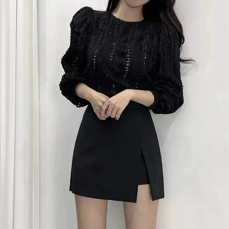 Black mini skirt for women, high-waist A-line with irregular wrap side slit.