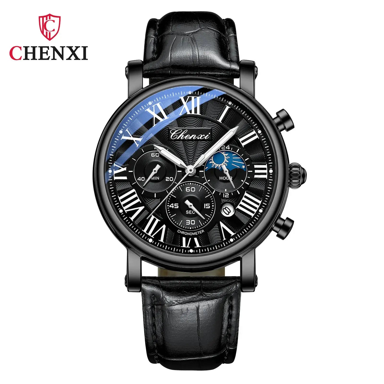 Chenxi 973 Moon Phase Date Analog Mens Wristwatch With Water Resistant Leather Strap And Imported Quartz Movement
