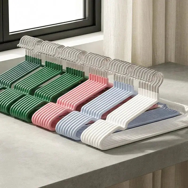 10pcs nano coated non-slip clothes hangers set in green, pink, light blue, and white with clear hooks