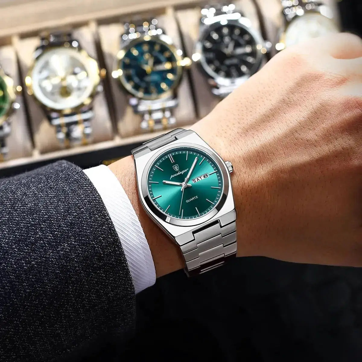 POEDAGAR men's stainless steel watch with emerald-green dial and date window