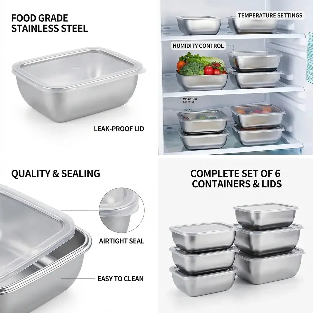 5 Piece Stainless Steel Food Storage Containers Set Stackable Meal Prep Boxes For Kitchen Fridge Travel Eco Friendly