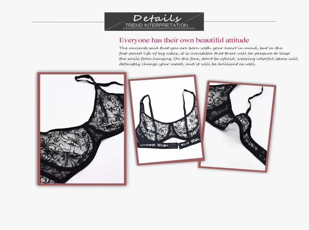 Women's black lace underwire bras collage, embroidered sheer panels (3-piece)