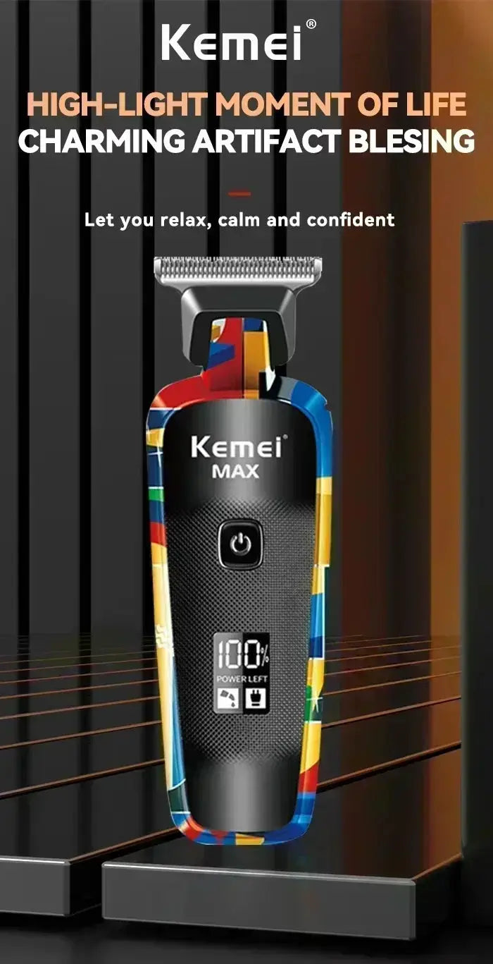 Kemei MAX professional rechargeable electric hair clipper with graffiti-patterned body.