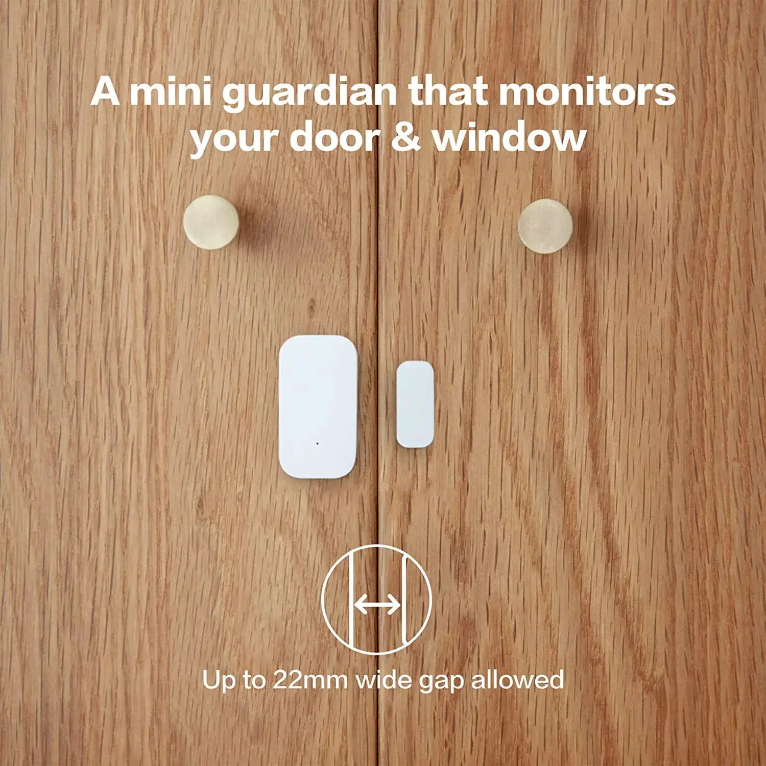 Aqara window and door sensor set with two white magnetic units mounted on a wooden door