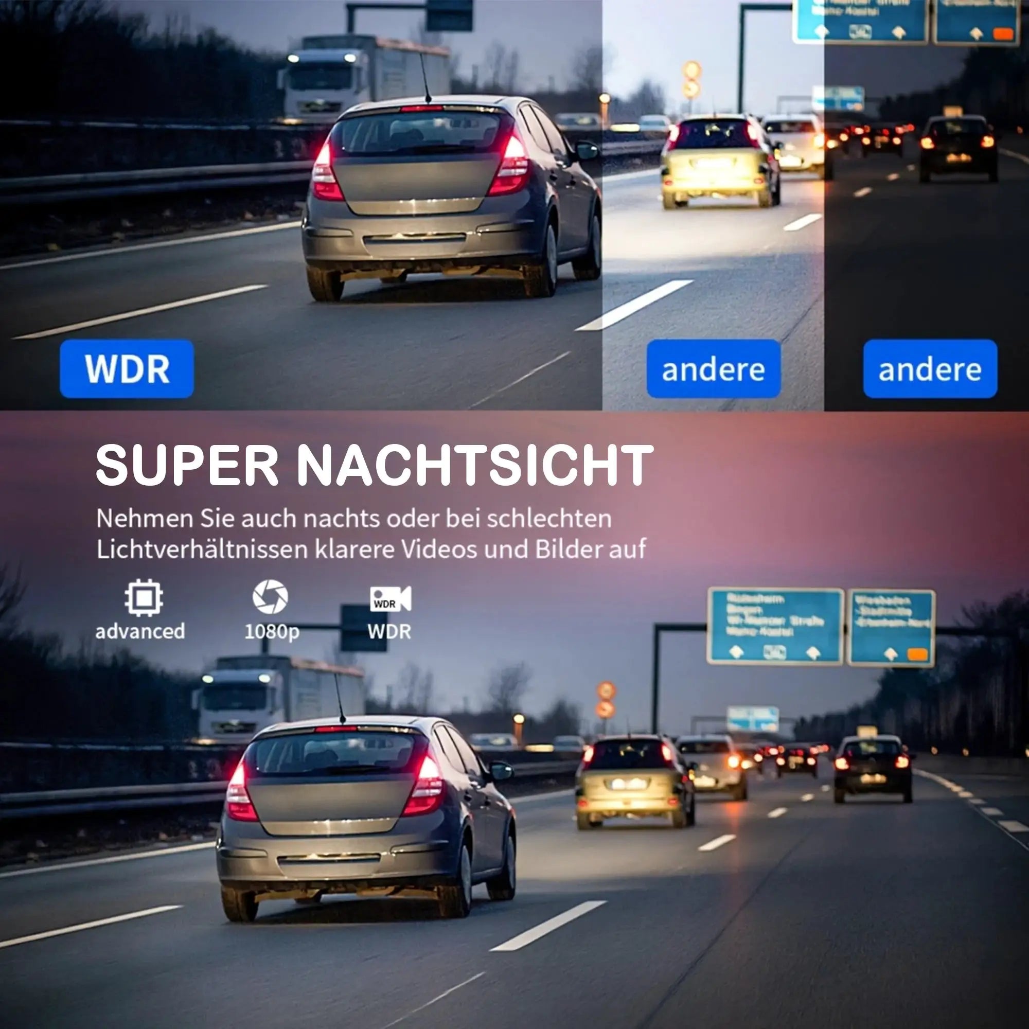 4Ch WiFi dashcam by Simples Market on a highway at dusk, showing night vision and WDR features