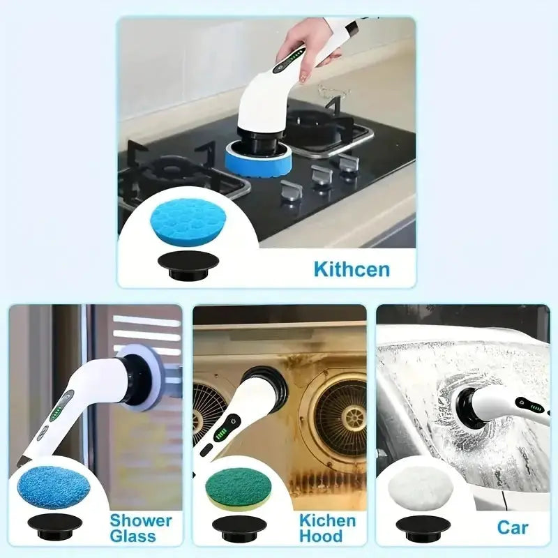 Simples Market cordless electric cleaning brush with 7 heads and extension handle for kitchen, bathroom, and car.