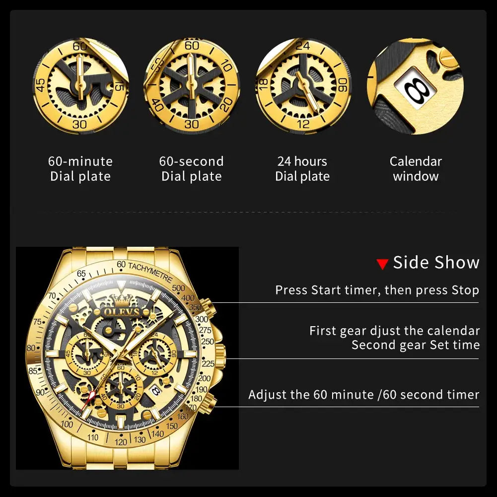 Gold men's skeleton chronograph wristwatch by OLEVS, stainless steel, luminous dial