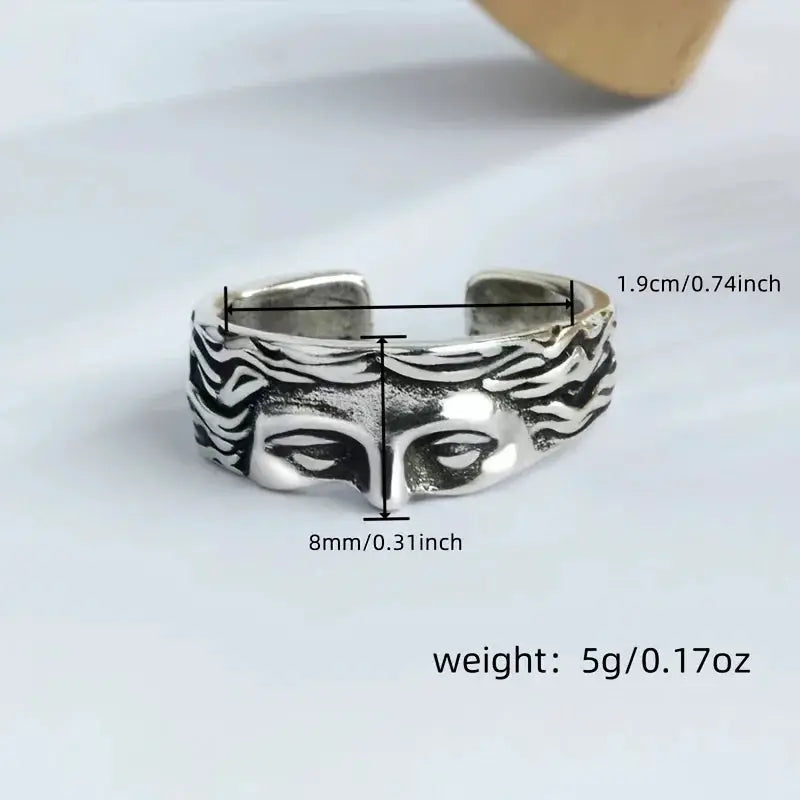 Venus Mask Ring For Men Retro Thai Silver Relief Adjustable Opening Ring Gift Vintage Style Accessory