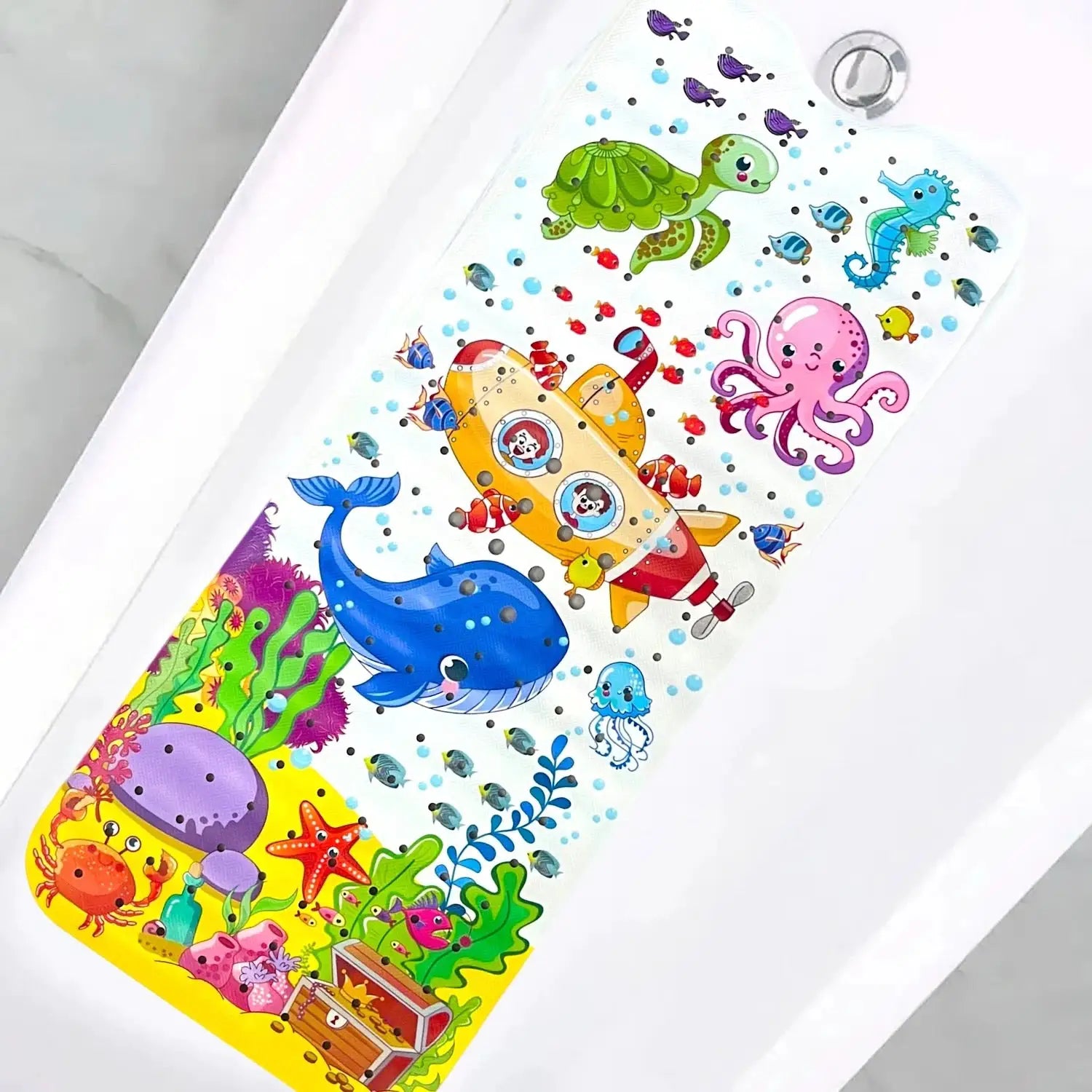 Simples Market cartoon bathtub mat, 40x100cm, non-slip with suction cups, underwater sea creatures design.