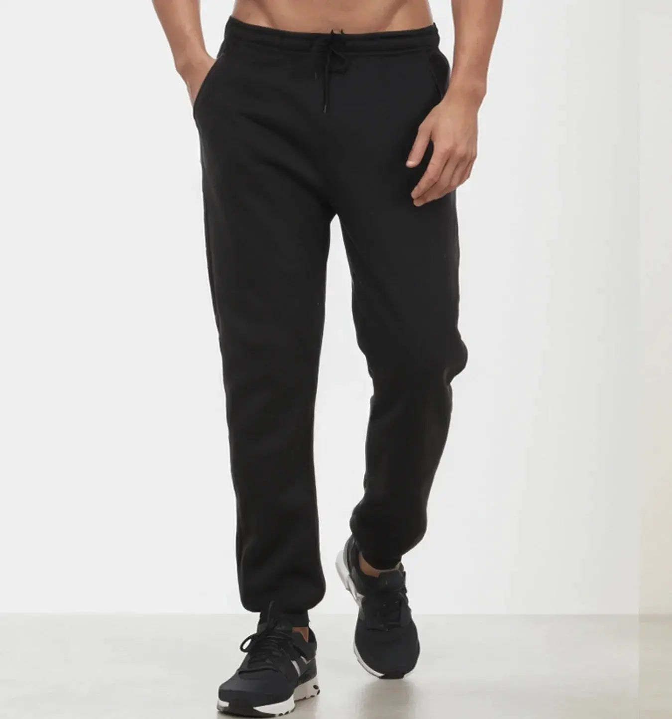 Men's black fleece joggers with drawstring, casual sweatpants for comfortable workouts