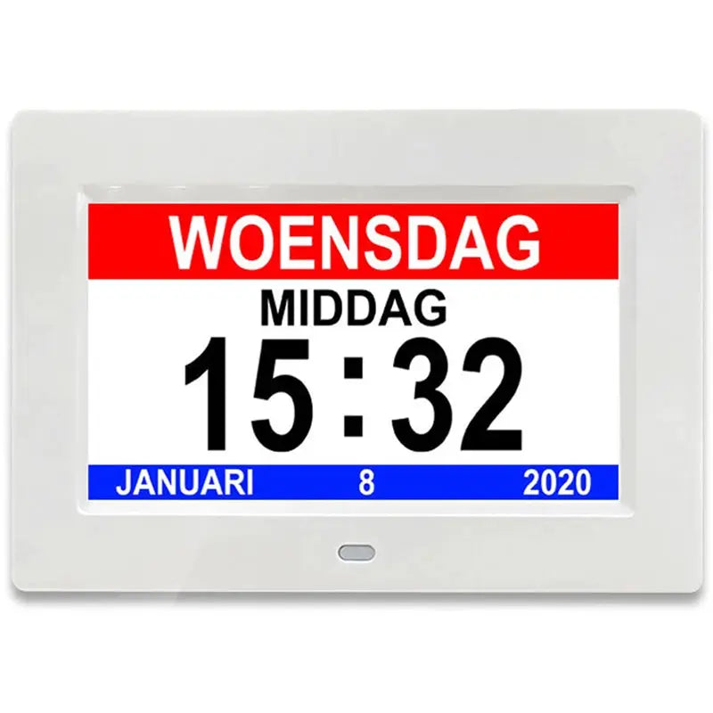 12 Alarms LED Calendar Clock by Simples Market, white frame with multilingual day/date/time display.