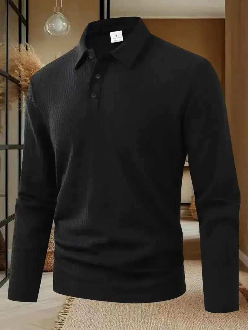 Men's black long-sleeve polo shirt, solid color, casual business top