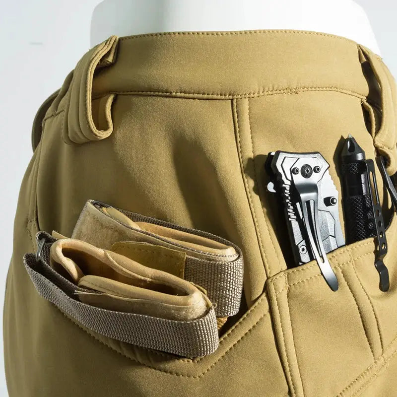 Simples Market men's cargo hiking pants in tan fleece-softshell with tool pockets and multitool