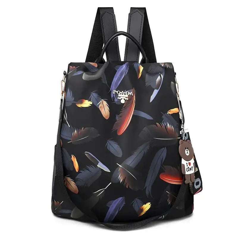 Women backpack with black feather print on Oxford cloth, large capacity, waterproof travel bag