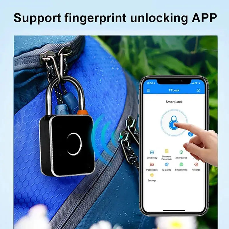 Simples Market 3-in-1 mini smart padlock with fingerprint unlock and Tuya app control; black metal body