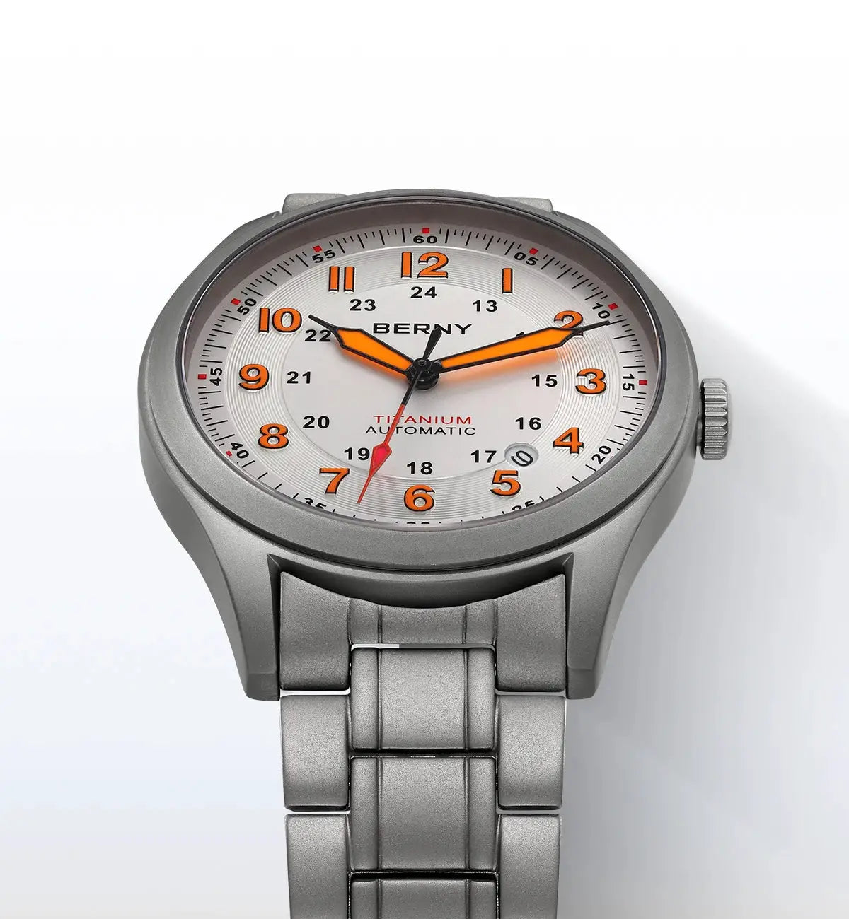 BERNY titanium automatic men's watch with orange numerals and luminous hands, silver bracelet.