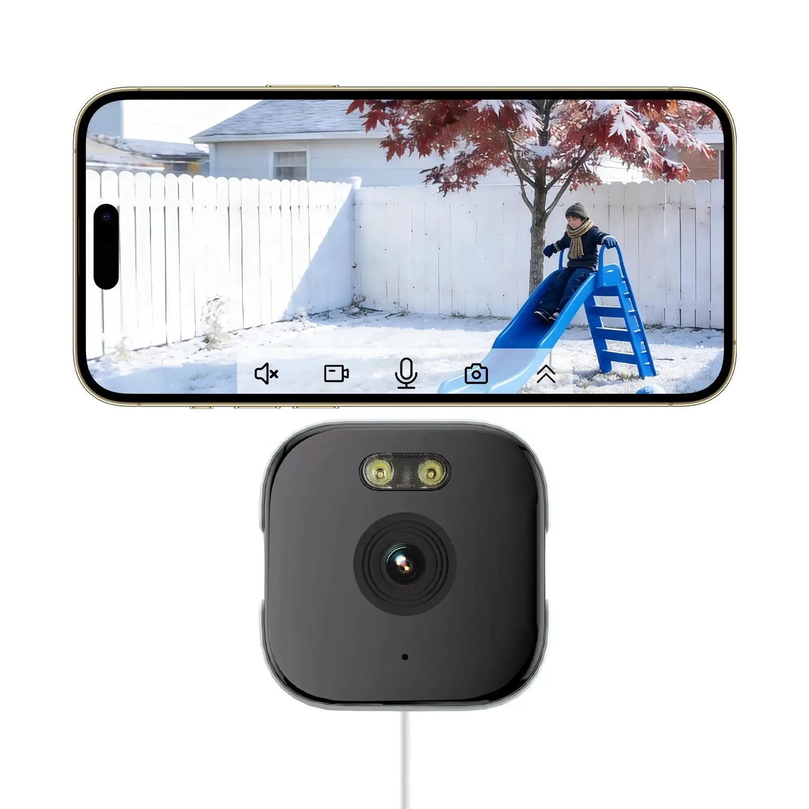 Two devices: HEIYOUCAM Window Camera by Simples Market; black 3MP unit with Wi-Fi shown beside smartphone displaying live feed.