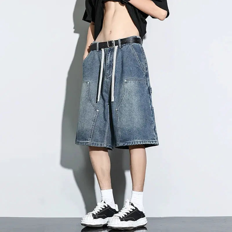 Simples Market men's blue denim cargo shorts with loose fit, knee-length, white drawstrings and patch pockets