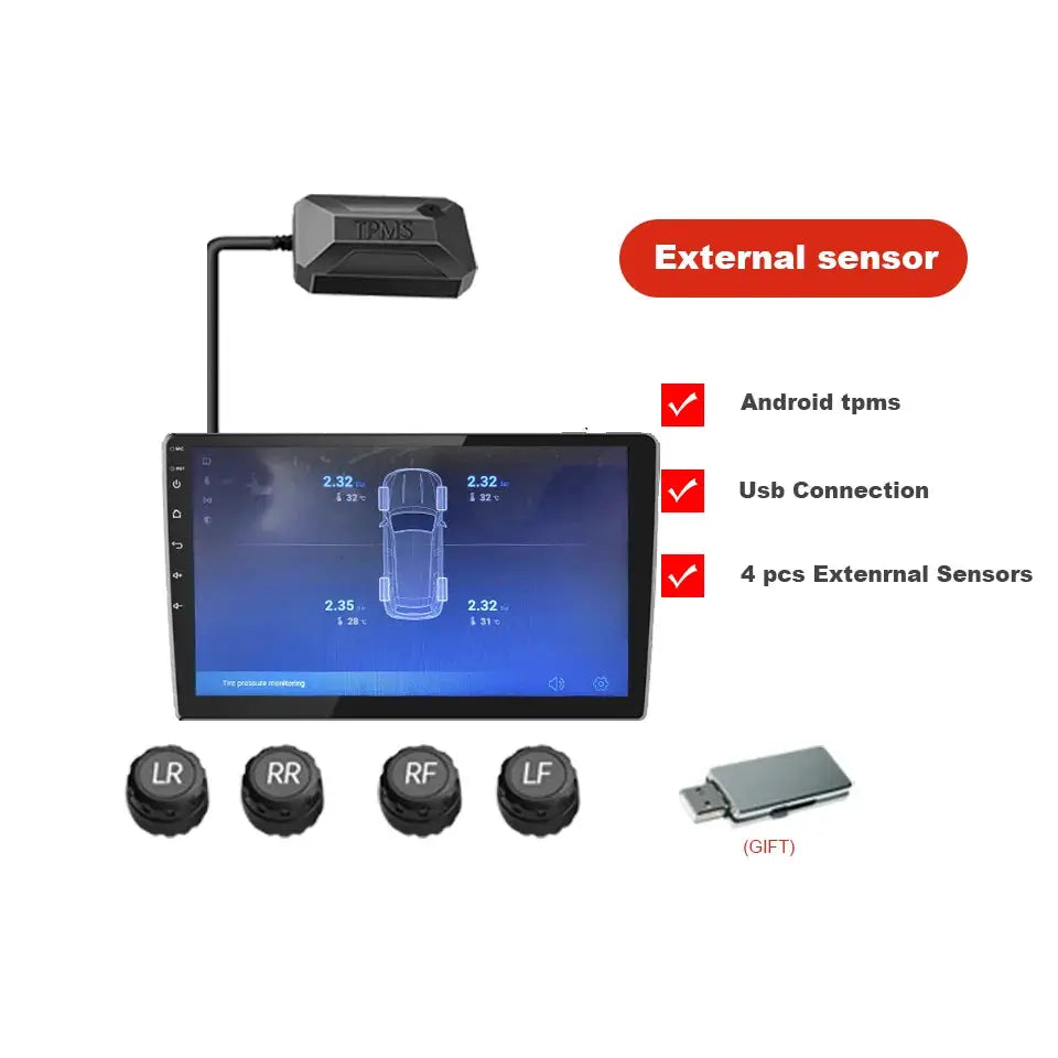 Smart Android TPMS car navigation system with 4 external sensors and USB dongle by Simples Market