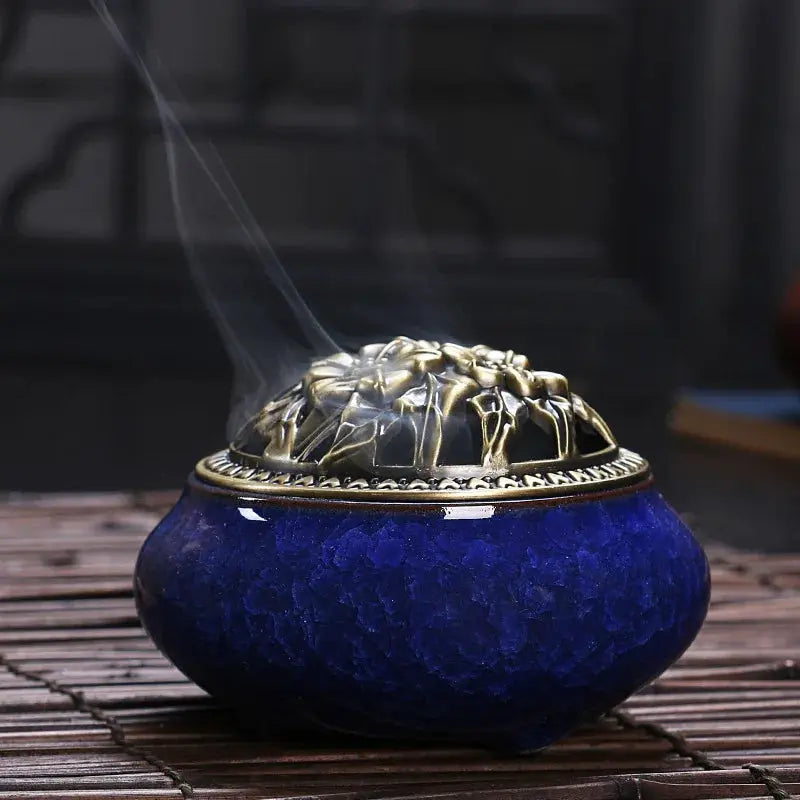 Ceramic Ice Crack Plate Incense Burner With Antique Copper Cover Aroma Diffuser Home Decor