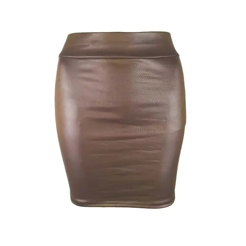 Leather PU mini skirt, brown metallic matte finish, high-waist, Simples Market