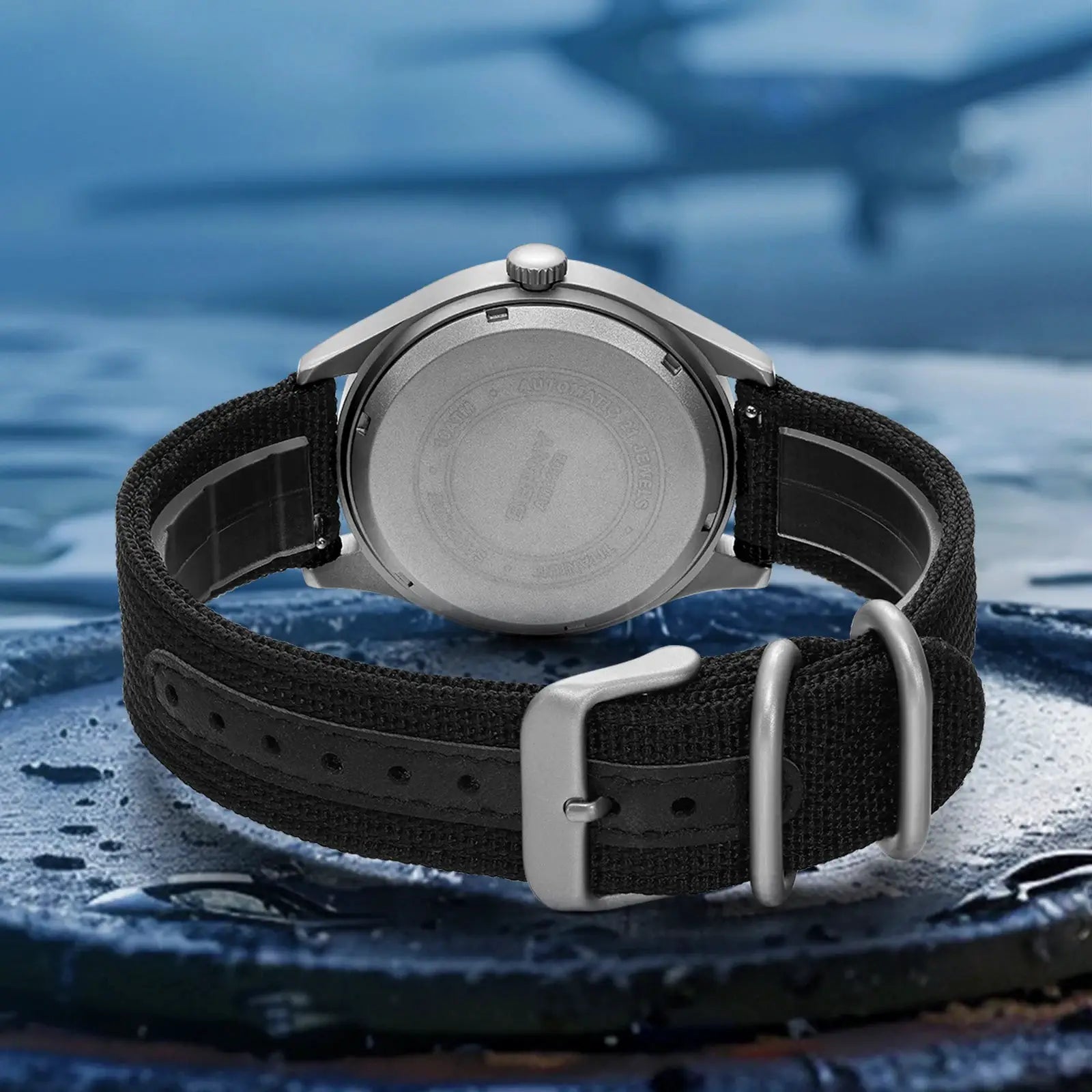 BERNY titanium automatic men's watch by Simples Market with sapphire AR coating and black fabric strap
