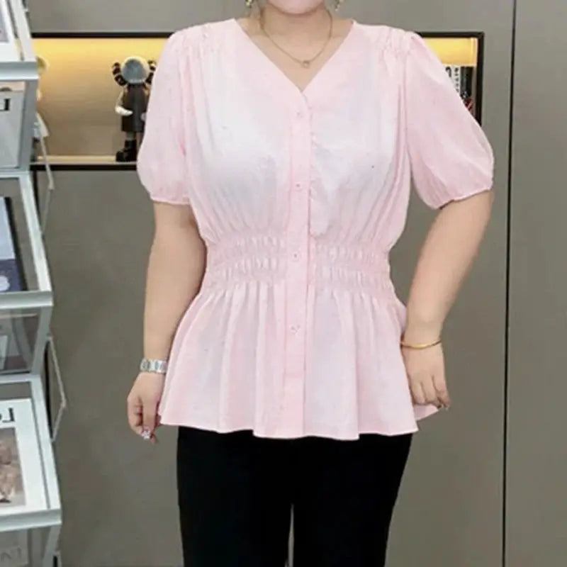 Plus Size Elastic Waist V Neck Puff Sleeve Blouse For Summer