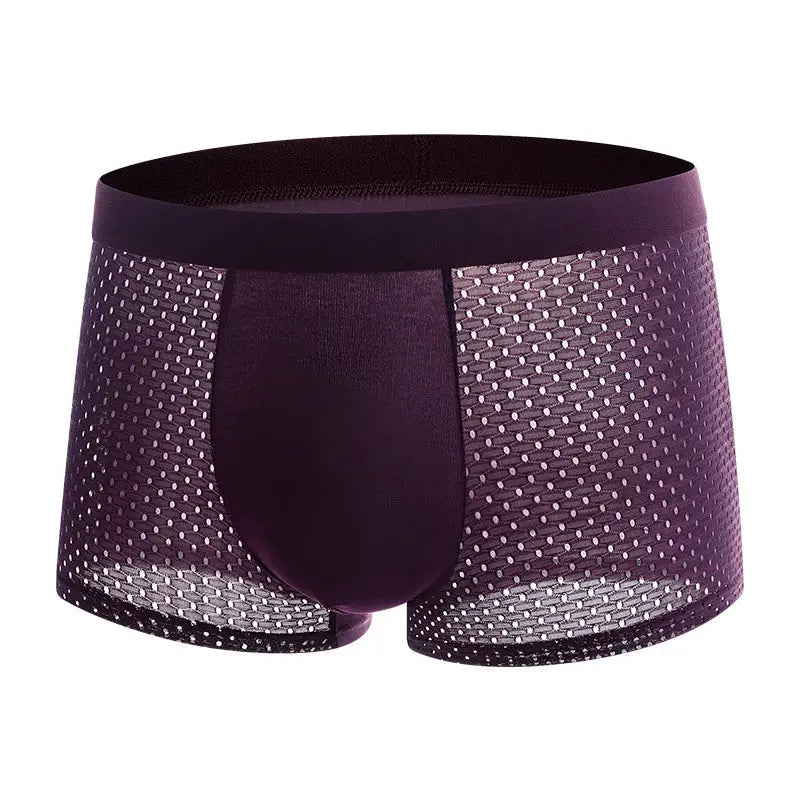 4pc men's underwear set by Simples Market; purple ice-silk mesh boxer briefs, breathable