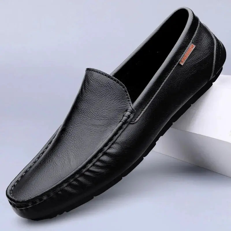 Men's black genuine leather loafers, slip-on moccasin-style casual shoes