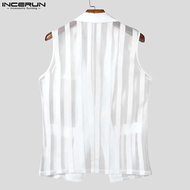 INCERUN men's mesh striped transparent sleeveless vest, white sheer waistcoat for streetwear style urban fashion