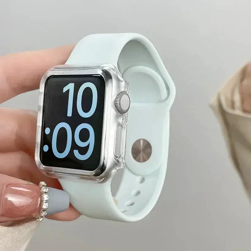 Tempered glass case for Apple Watch with clear bumper and light blue band