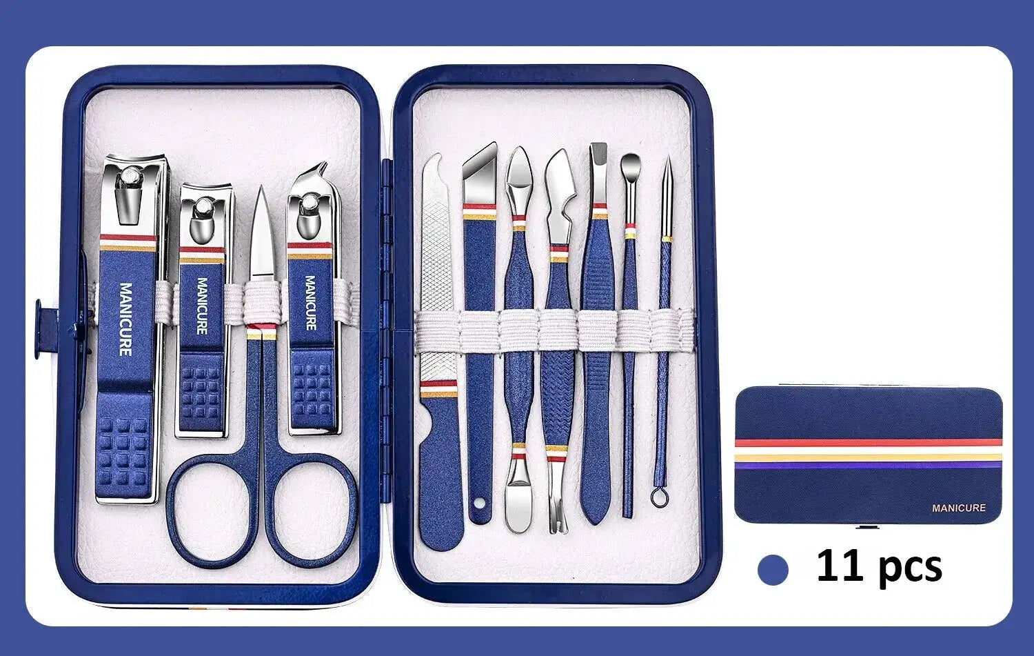11-piece blue manicure set in folding case with stainless steel nail clippers and tools