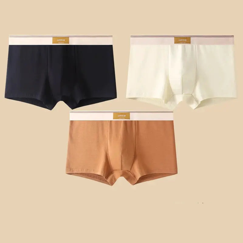 3-Pack men's cotton boxer shorts in navy, cream, and tan with white waistband, Simples Market.
