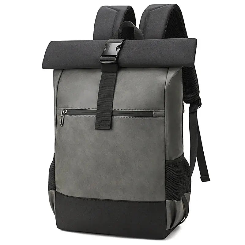 Simples Market waterproof USB backpack in gray PU leather with roll-top closure.