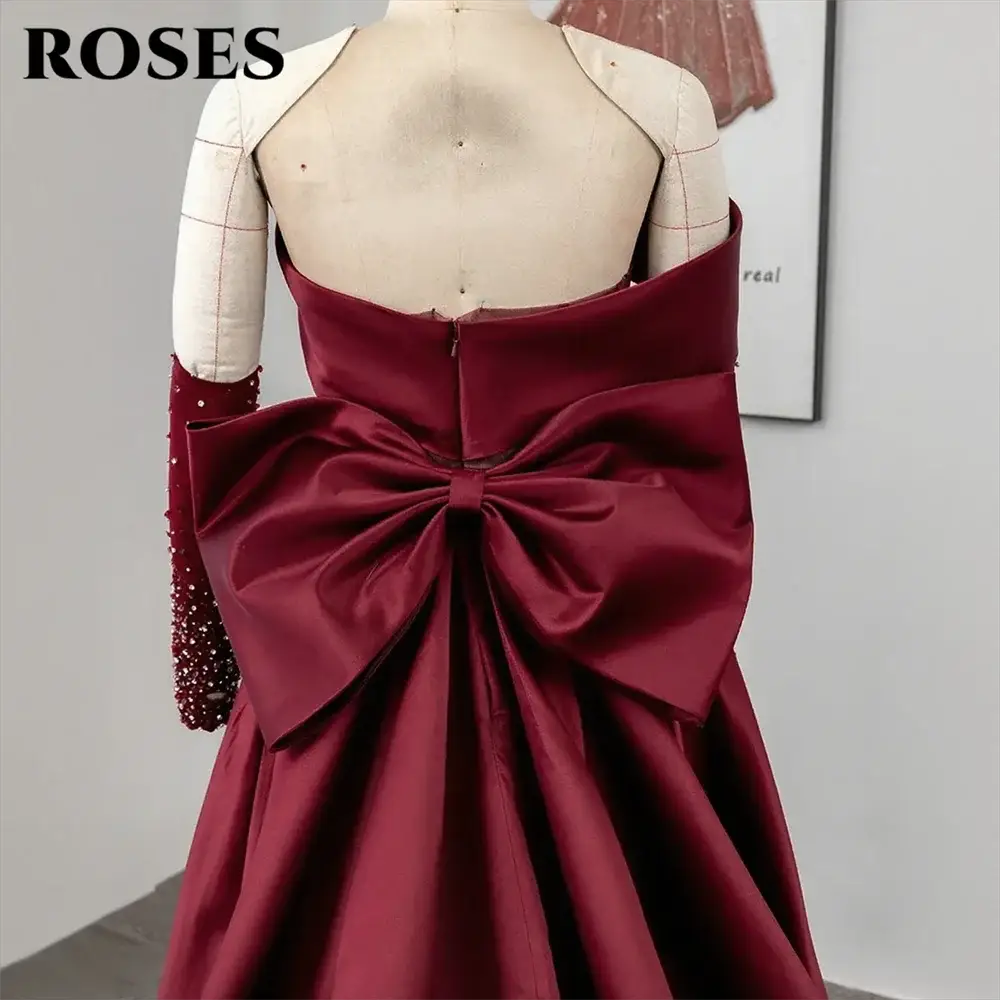 Roses Burgundy Mermaid Prom Dress One Shoulder Beading Bow Sleeve